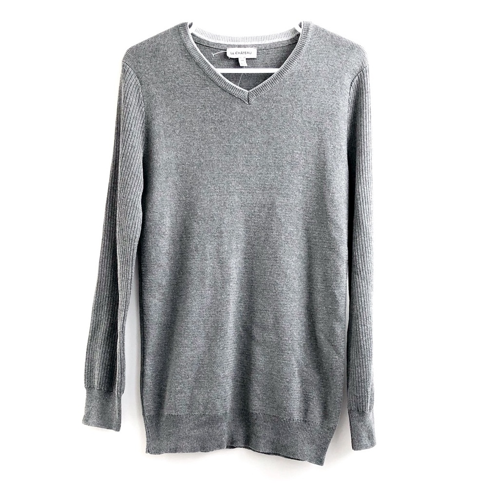 NWT Le Chateau 100% Cotton Gray V-Neck Long Sweater Size Small